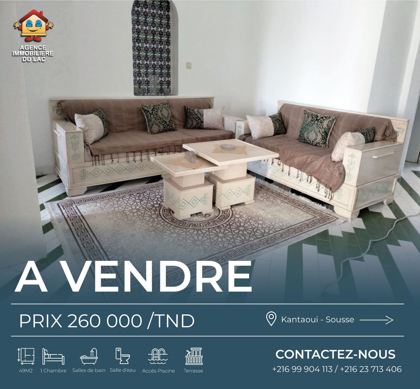 Hammam Sousse El Kantaoui Vente Appart. 2 pices Kantaoui s1 vue fontaine