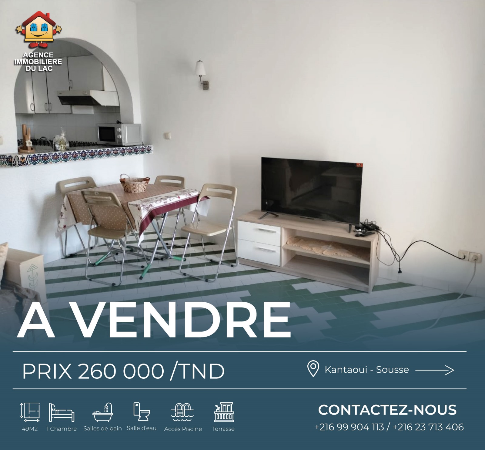 Hammam Sousse El Kantaoui Vente Appart. 2 pices Kantaoui s1 vue fontaine