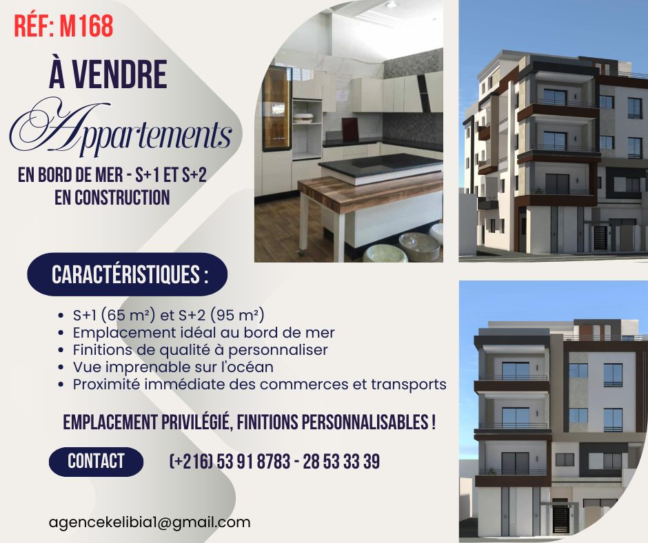 Hammam El Ghezaz&nbsp;Ezzahra&nbsp;Vente&nbsp;Appart. 1 pi�ce&nbsp;Des appartements  vue sur mer � ezzahra k�libia