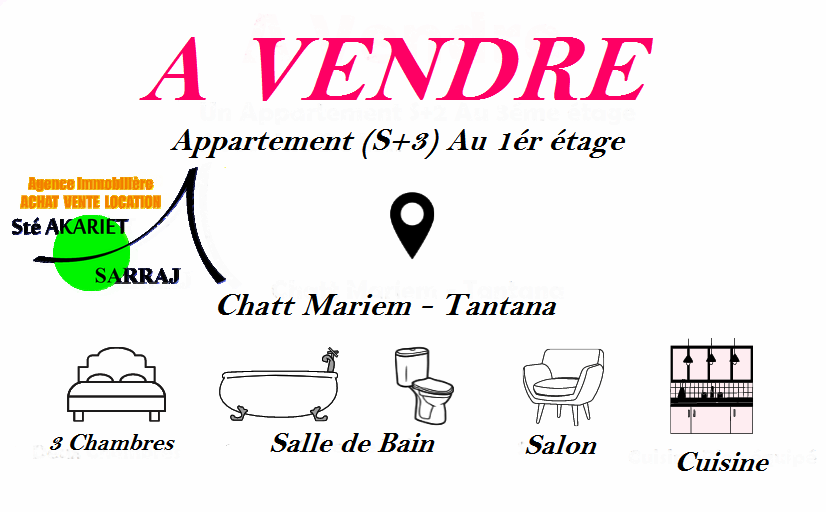 Akouda&nbsp;Chatt Meriem&nbsp;Vente&nbsp;Appart. 4 pi�ces&nbsp;Appartement s3 � 70m de la plage tantana