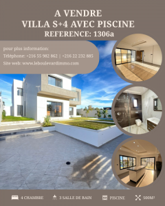 Hammamet Sidi Jedidi Vente Maisons A  villa s4 avec piscine  sidi ref1306a