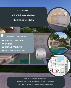 Hammamet Sidi Jedidi Vente Maisons A  villa s3 avec piscine sur plan ref1359a