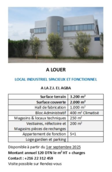 El Hrairia&nbsp;El Hrairia&nbsp;Location&nbsp;Surfaces&nbsp;Local industriel spacieux et fonctionnel