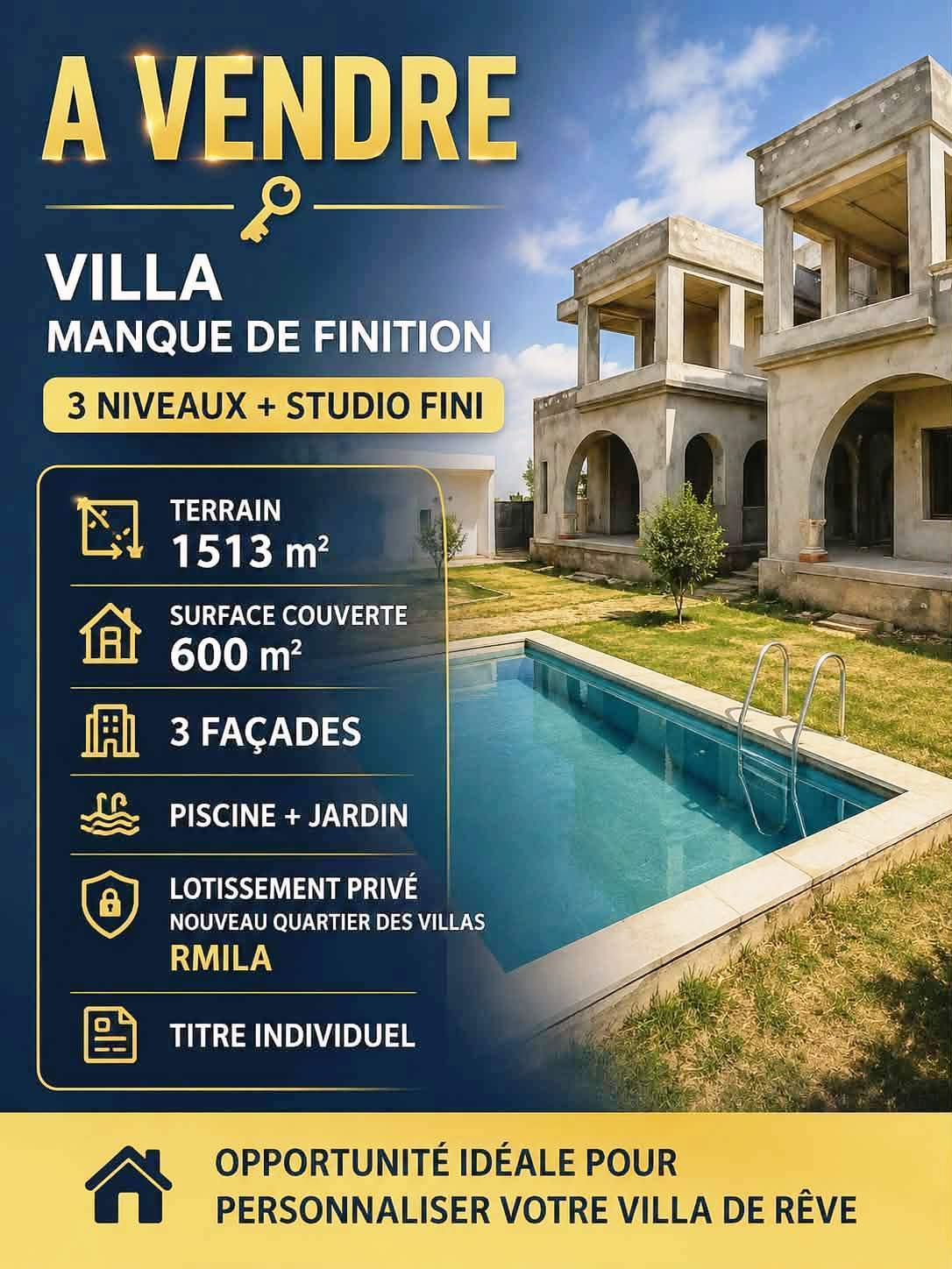 Akouda&nbsp;Chatt Meriem&nbsp;Vente&nbsp;Maisons&nbsp;Villa sur 3 niveaux manque de finition � rmila