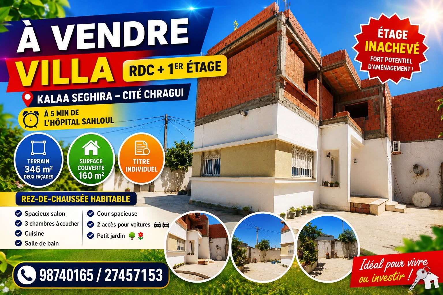 Kalaa Essghira&nbsp;Cite Chragui&nbsp;Vente&nbsp;Maisons&nbsp;Villa rdc et 1�r �tage kalaa seghira cit� chragui