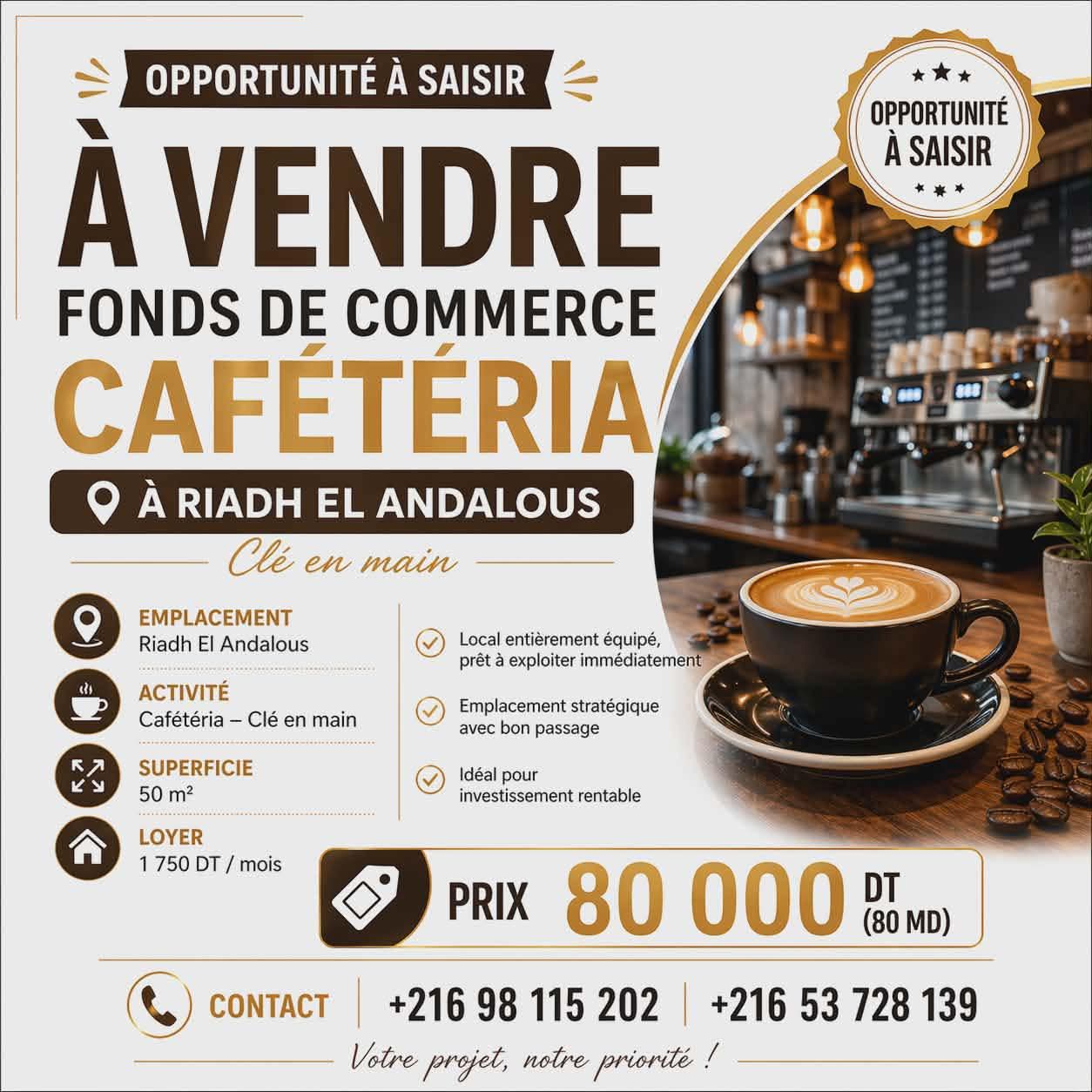 Ariana Ville&nbsp;Riadh Landlous&nbsp;Bureaux & Commerces&nbsp;Fond de Commerce&nbsp;Caf�t�ria cl� en main 80 md riadh el andalous