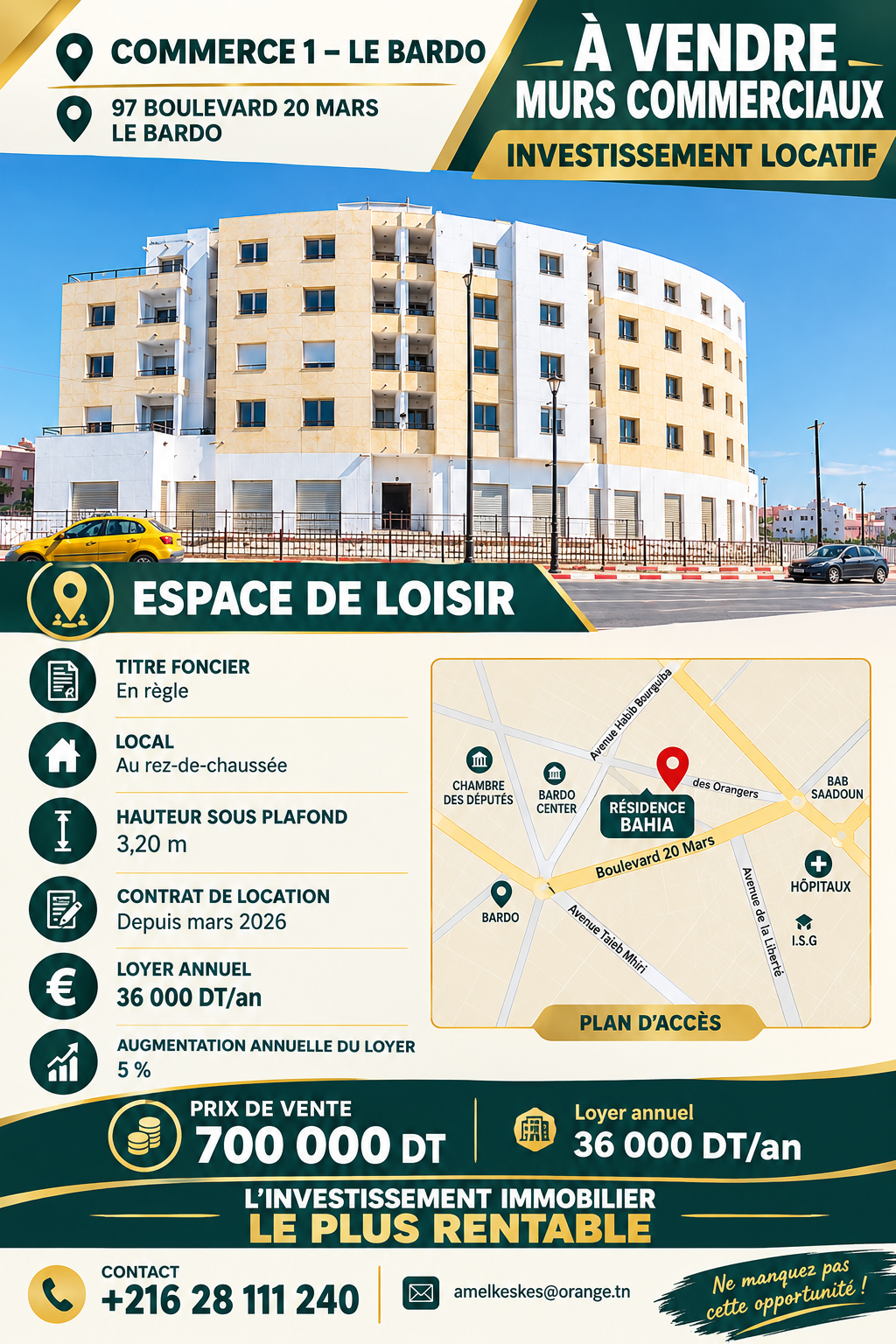 Le Bardo&nbsp;Le Bardo&nbsp;Bureaux & Commerces&nbsp;Surfaces&nbsp;Opportunit� pour un investissement locatif